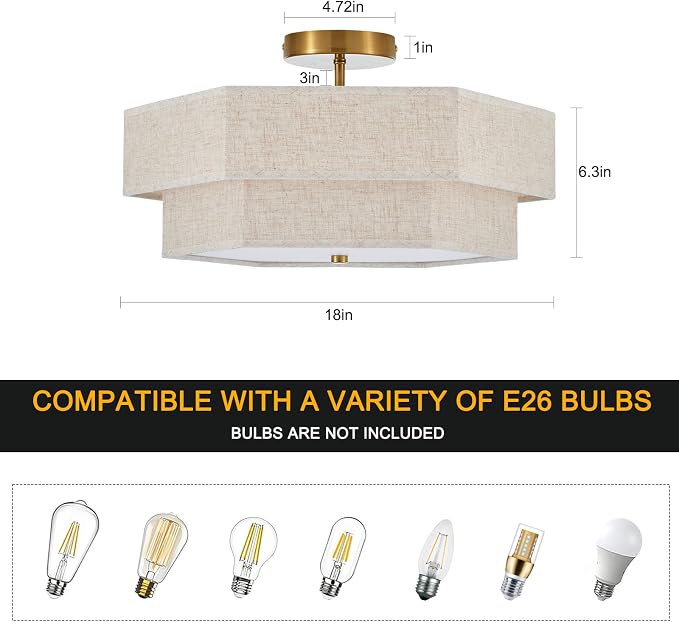 18" Large Gold Semi Flush Mount Ceiling Light, 3-Light Fixture | Beige Linen Double Hexagonal Shade, Modern Gold Finish For Bedroom, Dining, Living, Hallway, Entryway; Close-To-Ceiling, E26