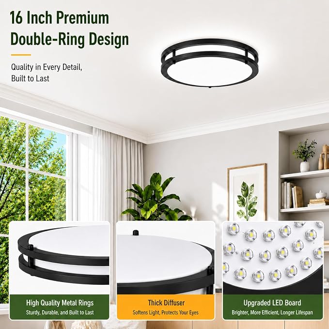 2-Pack 50W Dimmable LED Ceiling Light Fixtures, 16in Modern Flush Mount LED Light Fixtures Super Bright 5600LM, 2700K/3000K/4000K/5000K/6500K 5CCT Adjustable Black Ceiling Lamp for Living Room Kitchen