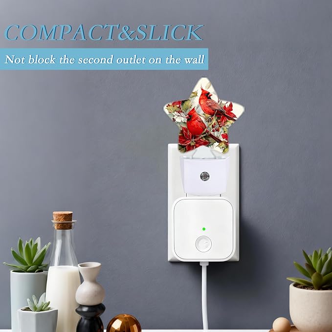 Red Cardinal Bird Flowers Plug-in Night Light with Dusk-to-Dawn Sensor for Bathroom,Bedroom and Hallway Sleep Friendly Lamp for Women/Girls/Boys Gift,0.5w