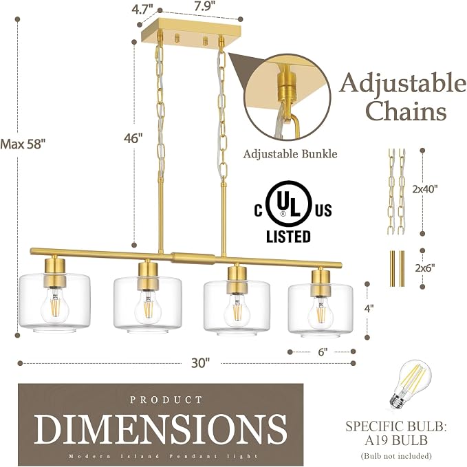 4-Light Brushed Gold Kitchen Island Lighting, Modern Linear Dining Room Chandelier Light Fixtures with Clear Glass and Chain, Mid Century Hanging Lights for Kitchen Island, OS-YQ8153-4ISBGC