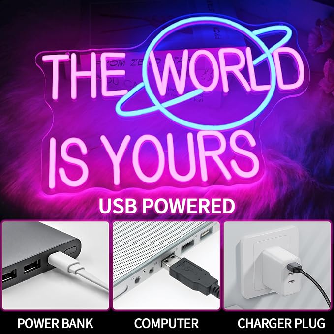 The World is Yours Neon Sign for Wall Decor Dimmable Pink Led Lights Signs for Bedroom Letters Neon Light for Office Game Room Man Cave Graduation Party Wedding Decor Birthday Gift for Girl