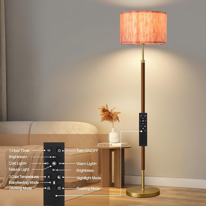 Wood Floor Lamp with 3 Color Temperatures,Vintage Floor Lamp with Remote Control,Dimmable Farmhouse Floor Lamp Mid Century Modern Standing Lamp Farmhouse Tall Pole Lamp for Living Room Bedroom