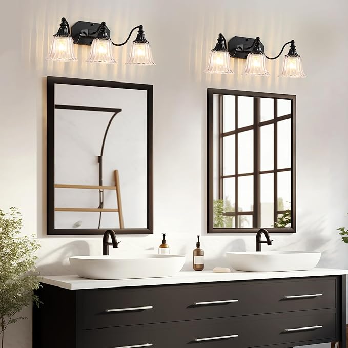 Black Vintage Bathroom Vanity Light Fixture, 3-Light Vanity Light for Bathroom, Antique Matte Black Finish with Crystal Glass Shade, Lighting Fixtures Over Mirror for Bedroom Living Room