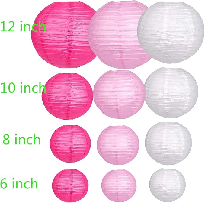 12Pcs Paper Lanterns 6”, 8”, 10”, 12”,Paperlanterns Party Decoration, Pink Paper Lanterns for Wedding, Bridal, Birthday, Outdoor, Home, Garden, Holiday and Party.
