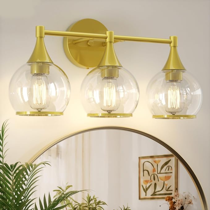 PAIHOME 3-Light Gold Bathroom Vanity Light Fixtures Over Mirror | Painted Gold, Anti-rust, UL-Certified, Elegant Globe Glass Shade, Modern Vintage, Easy to Install, Versatile Wall Decor Light