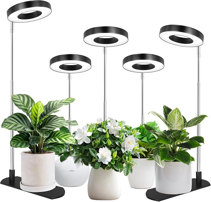 LBW Grow Lights for Indoor Plants, Full Spectrum Halo Grow Light with Base | 48 LEDs Plant Lamp for Small Plant, Base/Soil Stake, 7.8-26" Adjustable, 6/8/12/16H Timer, 3 Color Mode, 5 Brightness, 5 pack