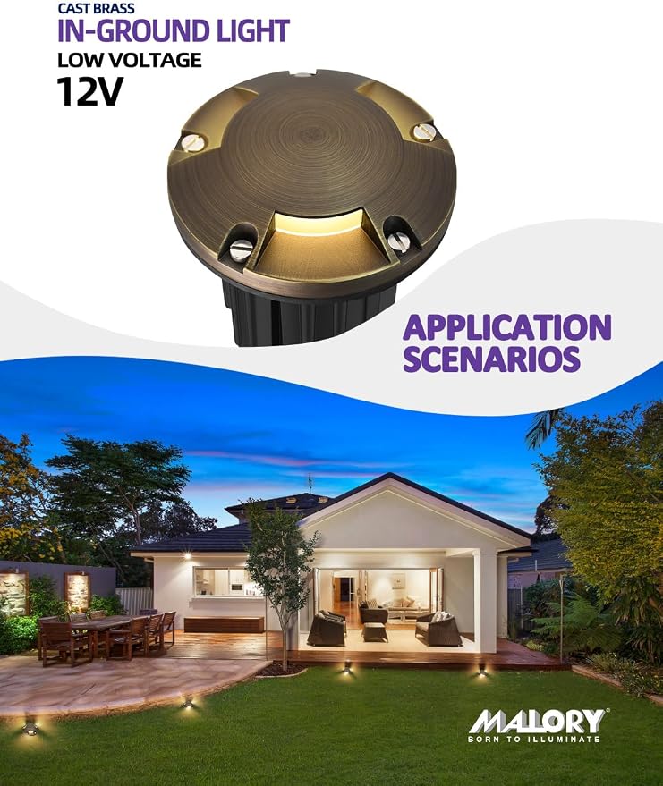 MALORY Brass Top Cover Landscape Well Lights,(φ126 mm) 12V Low Voltage Outdoor In Ground Lights,Landscape Lighting for Pathway, Driveway and Garden (Three-Direction Turret, 4-Pack with Bulb)