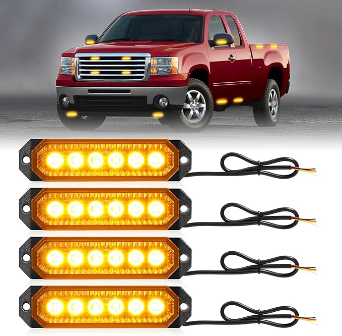 HLauto 406T Emergency Strobe Grille Lights: 4Pcs 6 LED Sync Feature Safety Warning Flashing Light, 12V-24V Ultra Slim Surface Mount Hazard Caution Light for Truck, Vehicle, Car, ATV, UTV (Amber)