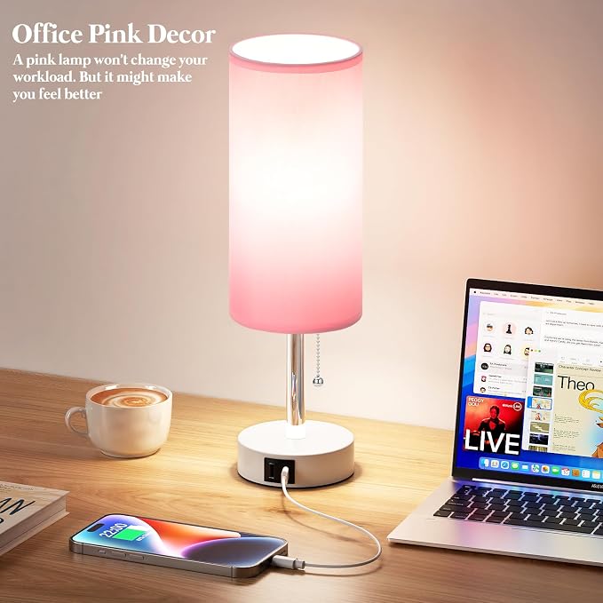 Dicoool Pink Bedside Table Lamp for Girls Bedroom - USB A+C Charging Ports | 3 Color Temperatures, USB A+C Port, Bulb Included, Pink Fabric Shade, Matte White Metal Base, 14" Desk Lamp for Kids Dorm