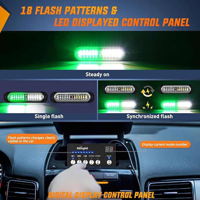 Nilight 8PCS Led Strobe Lights with Controller 12V 24V Sync Feature Green White Strobe Light 12 LED Surface Mount Emergency Hazard Warning Lights with Strobe Controller for Vehicle Car Truck RV ATV