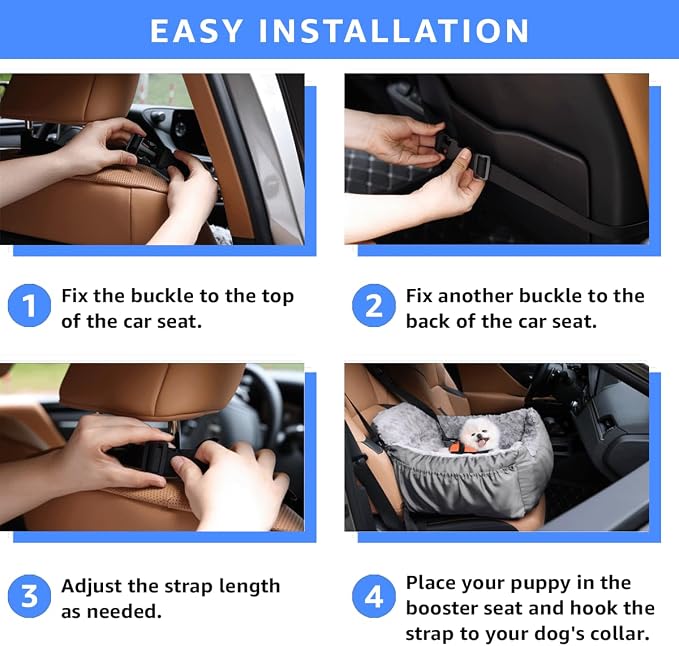 Oiilores Dog Car Seat for Small Dogs, Washable Pet Booster Seats with Clip-On Safety Leash, Comfy Deluxe Plush Carseat with Pockets, Puppy Car Travel Carrier Bed for Dogs Under 25 lbs, Light Grey