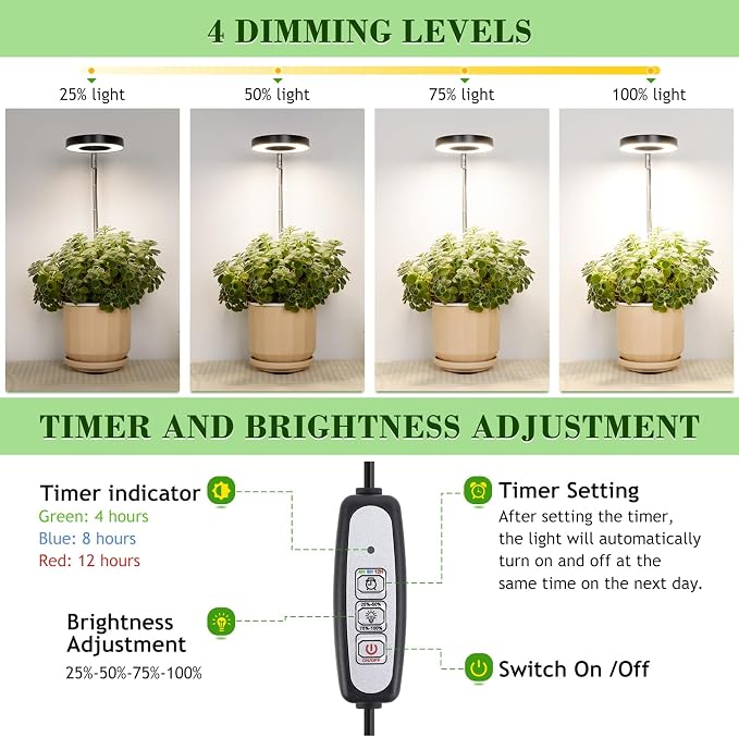 LORDEM Grow Light, 48 LEDs Plant Light for Indoor Plants, Full Spectrum Desk Grow Lamp with Automatic Timer for 4H/8H/12H, 4 Dimmable Levels, Height Adjustable 7.8"-26", Black, 3 Pack