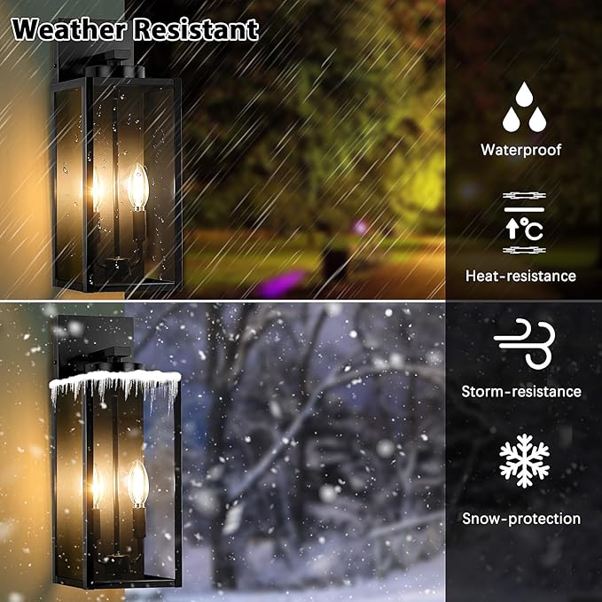 18” Large Outdoor Wall Light, 2-Light Exterior Porch Sconce, Black | Waterproof, Rust-Resistant, Durable Metal with Clear Glass, Standard E12 Socket, Easy to Install