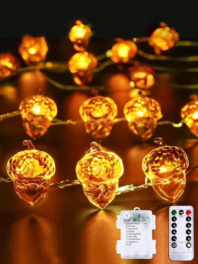 Acorn Fall Lights Battery Operated LED String Lights with Remote & Timer | 8 Modes, IP44 Waterproof, 10FT 30 LED Fall Fairy Lights Twinkle for Harvest Thanksgiving Halloween Party Indoor Outdoor Decor