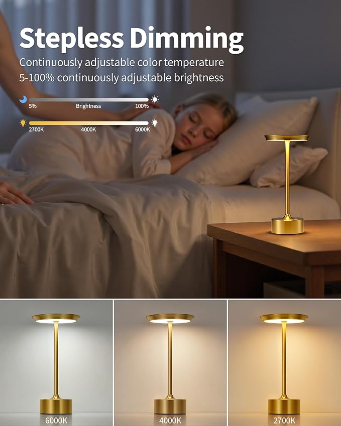 PUSU Rechargeable Table Lamps Set of 2, Gold Cordless Portable Desk Lamp | 4000mAh Battery, Stepless Dimming & 3 Color 2700K-6000K, LED Lamp for Bedroom, Living Room, Restaurant, Outdoor, Night Light