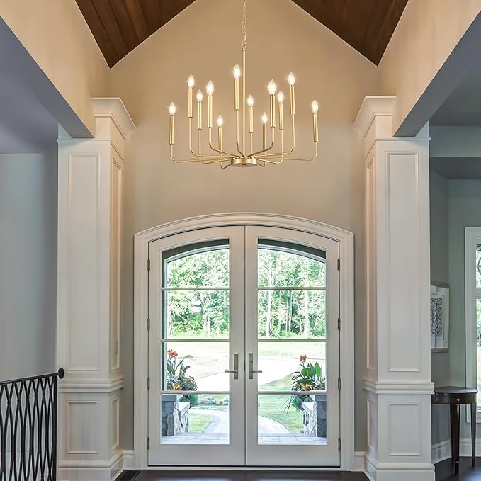 Modern Gold Chandelier for Dining Room,Metal 12-Light Kitchen Light Fixtures, Farmhouse Candle Hanging Pendant Light for Living Room Entryway Foyer Bedroom (Bulbs Not Included)