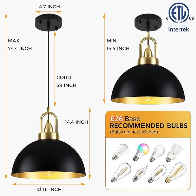16'' Large Black Pendant Light for Kitchen Island Lighting, Modern Farmhouse Industrial Dome Hanging Ceiling Pendant Lighting Fixture for Dining Room, Bar, Living Room