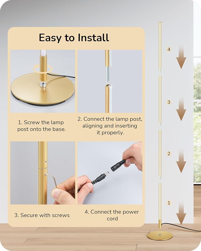 EDISHINE 59.8" Corner Lamp with Remote & 3 Height Settings, Dimmable & 3CCT | Foot Switch, Stable KD Structure, Minimalist Standing Lamp for Living Room, Bedroom, Office, Gold