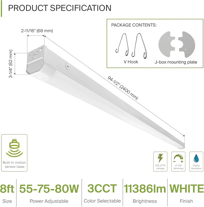 ASD 8ft LED Linear Strip Light Fixture with Q-Base | UL DLC 55W-80W 120-277V Linkable LED Shop Light | 3500K-5000K Adjustable Dimmable Office & Workshop Commercial Ceiling Lighting