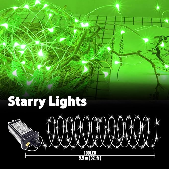 2 Pack 33Ft 100 LED Green St Patricks Day Fairy Lights, Plug in Mini String Lights with 16 Lighting Modes, Waterproof Twinkle Firefly Lights for Indoor Outdoor Tree Garden Party Decoration