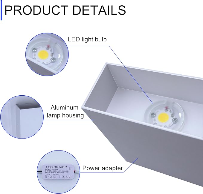 KICAAO LED Wall Sconces Set of Two, 12W Modern Wall Lamp, White Up Down Wall Mount Lights for Living Room Hallway Bedroom Decor, Hardwired Aluminum Wall lamp (White 3000K)