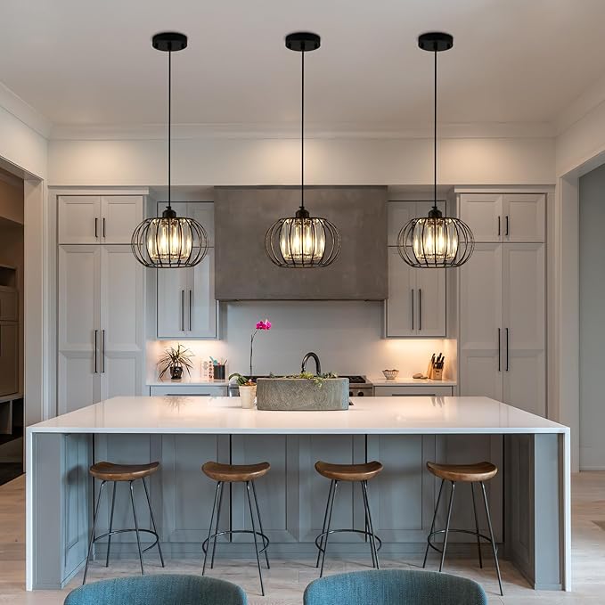 Black Pendant Light Fixture, Farmhouse Hanging Lights with Crystal, Adjustable Mini Kitchen Pendant Light, Modern Industrial Metal Wire Caged Hanging Pendant Lamp for Living Room, Bedroom
