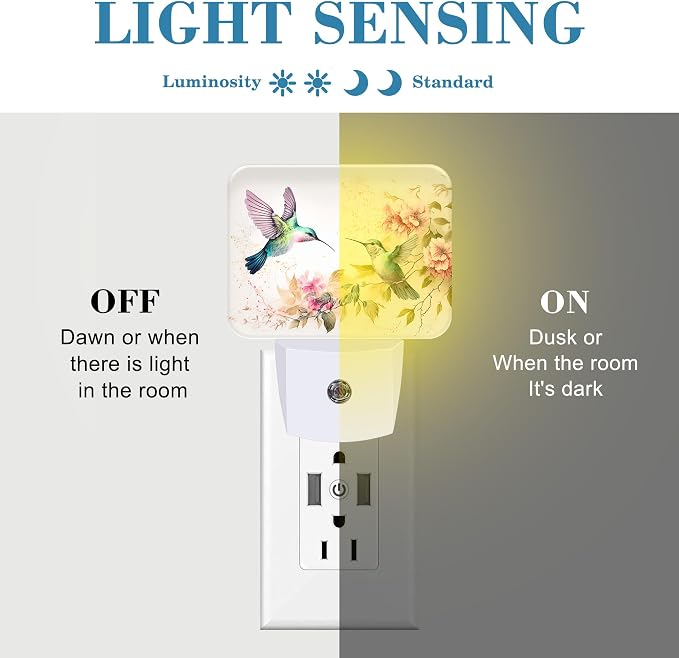 Watercolor Hummingbird Night Light, Pink Flowers Leaves Nightlight Plug into Wall with Dusk to Dawn Sensor for Kid Girls Boys Women Men Bedroom, Hallway, Kitchen, Bathroom, Stairs Decor