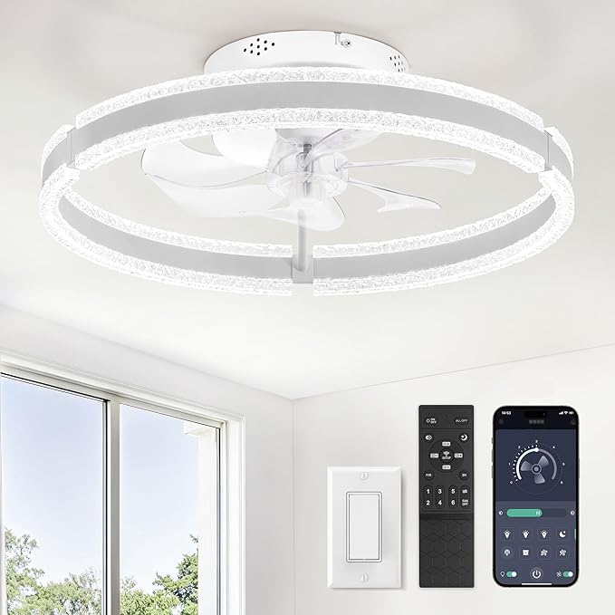 LEDIARY Ceiling Fans with Lights and Remote, 20'' Low Profile Ceiling Fan with Light, 3000-6000K Dimmable Fandelier Ceiling Fans, Modern Flush Mount Fan Light for Bedroom with 6 Wind Speeds- White | 3000-6000K Dimmable LED, 6 Wind Speeds, Quiet Reversi...