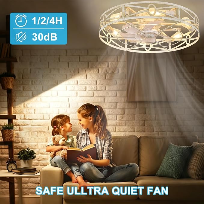 Depuley Flush Mount Ceiling Fan: 24" Caged Ceiling Fans with Remote Control for Patio Kitchen Bedroom - Low Profile Fandelier Lights Fixture Reversible 6 Speed Timer Cement 6*E26 Bulb Not Included