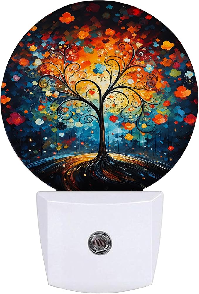 Abstract Colorful Trees Night Light,Paintings Nightlight Plug into Wall LED Lamp Auto Sensor Dusk to Dawn for Bedrooms/Kitchens/Toilets/Corridors,Energy-Saving
