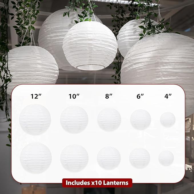 Mudra Crafts White Paper Lanterns Wedding Party Decorations - Mixed 10 Round Hanging Ceiling Lanterns, 10 Pack, Decorative Lamp Shades