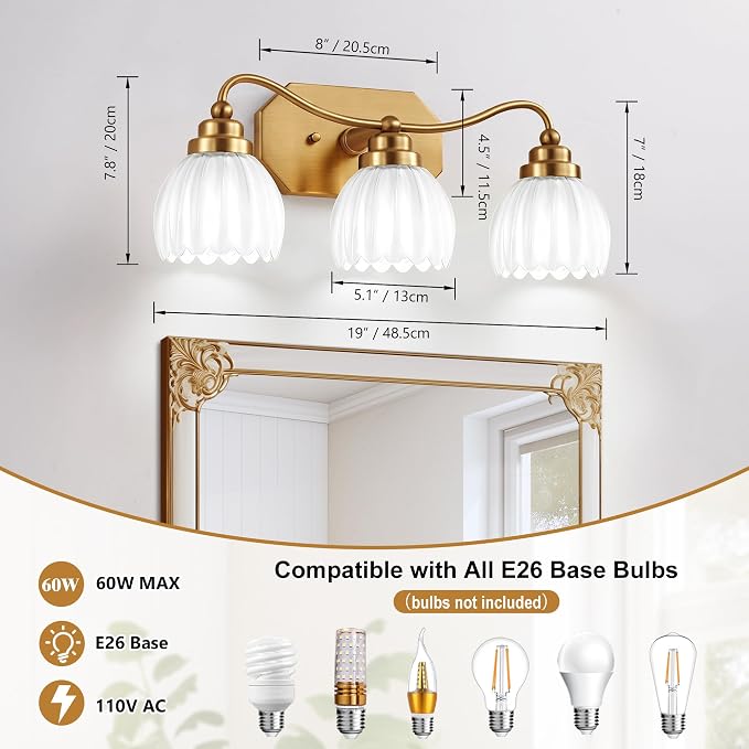 3 Light Gold Vintage Vanity Lights, Antique Brass Finish | Milk White Tulip Crystal Shades,Brushed Gold Bathroom Light Fixtures, Wall Sconce Ideal for Bedroom, Hallway, Easy to Install