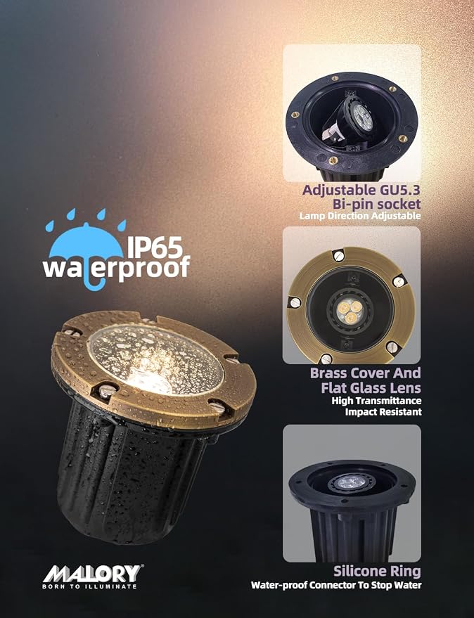 MALORY Low Voltage Landscape Well Lights, (φ126 mm) Brass Top Cover | 12V Outdoor In Ground Lights,Waterproof Uplight,Flat Top, 5W MR16 Bulb ,for Landscaping,Pathway, Driveway, Deck,Garden