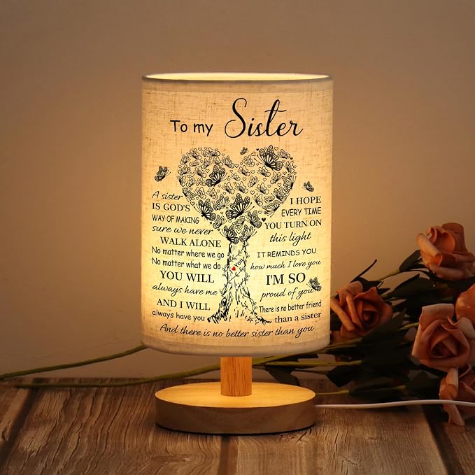 WSYEAR Sister Birthday Gifts, Mothers Day Gifts for Sisters Fabric Lamp, Sister's Gift from Sisters Table Lamp with Wooden Stand, Anniversary Wedding Gift for Sister