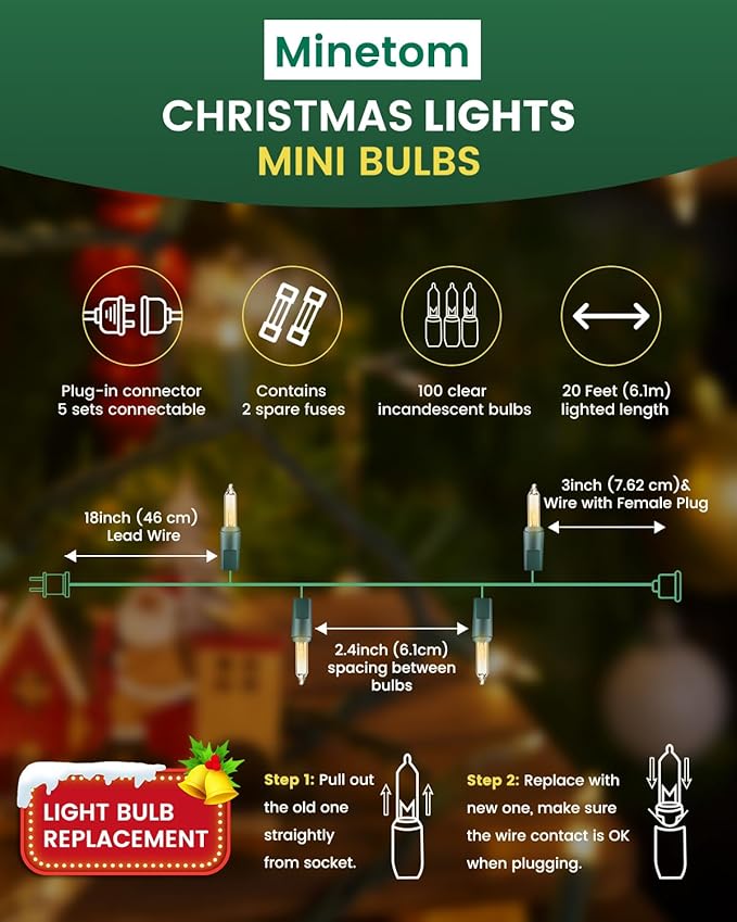 Minetom 100 Count 20 Feet Christmas String Lights, Incandescent Bulb Mini Lights for Outdoor Indoor Xmas Tree Birthday Wedding Party Festival Christmas Decorations Decor