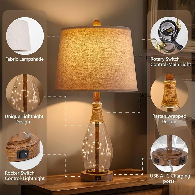 PoKat 2 in 1 Bedside Table Lamps Set of 2, Farmhouse Glass Lamp, Wood-like | Bedroom Lamps for Nightstand,Top Light&Fairy Night Light,Built-in USB with Bulb,Boho Rattan Design for Nursery Hallway
