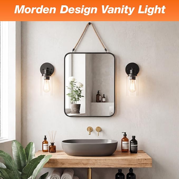 LEDVANCE Sylvania Bathroom Light Fixture with 1 Clear Glass Shade, Iron with Black Finish, E26 Medium Base, Vanity Lights for Bathrooms, Foyers, Entryways - 2 Pack (67970)