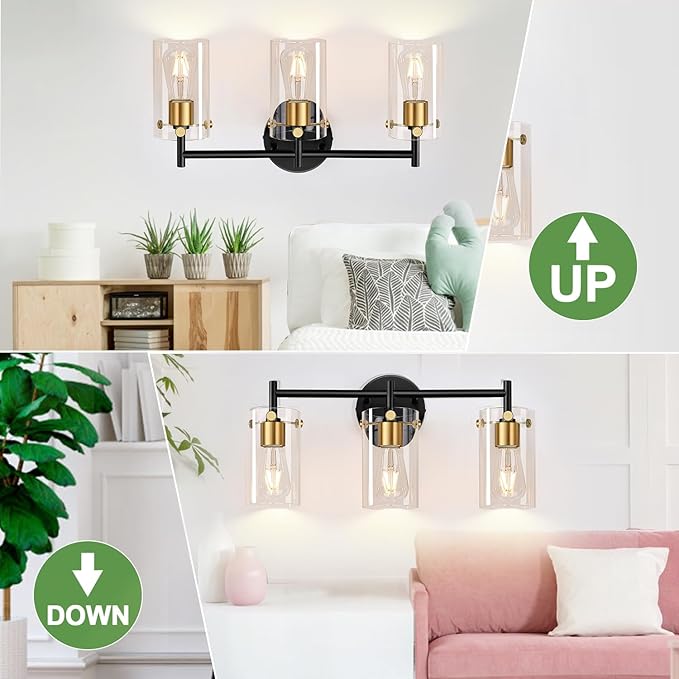 Bathroom Light Fixtures, 3-Light Black and Gold Vanity Light, Black Bathroom Lights Over Mirror with Clear Glass Shade for Mirror Bedroom Living Room