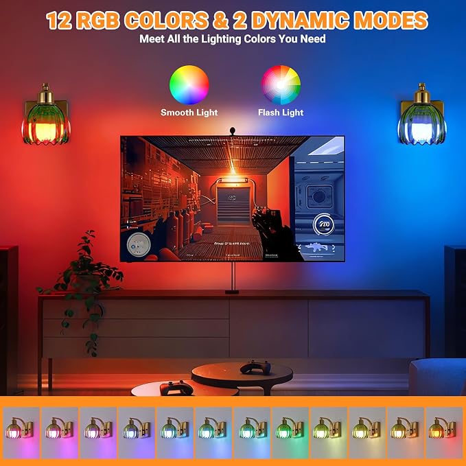 Rechargeable Battery Operated Wall Sconce Set of 2, Wireless Battery Powered Gold Wall Lamps with Green Tulip Glass, Vintage Dimmable Wall Lights with Remote Control for Bedroom Living Room