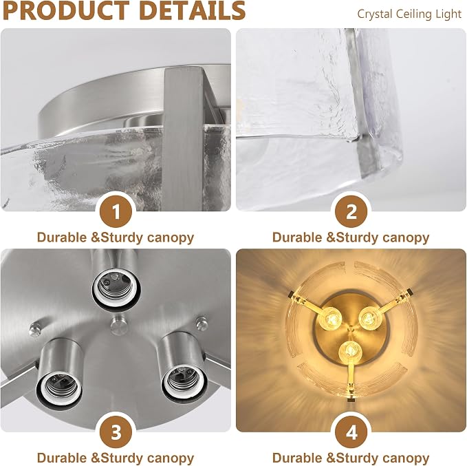 Brushed Nickel 3-Light Semi Flush Mount Ceiling Light, 15'' Modern Dimmable Hallway Fixture with Hammered Glass for Entryway Kitchen Bedroom Bathroom Foyer