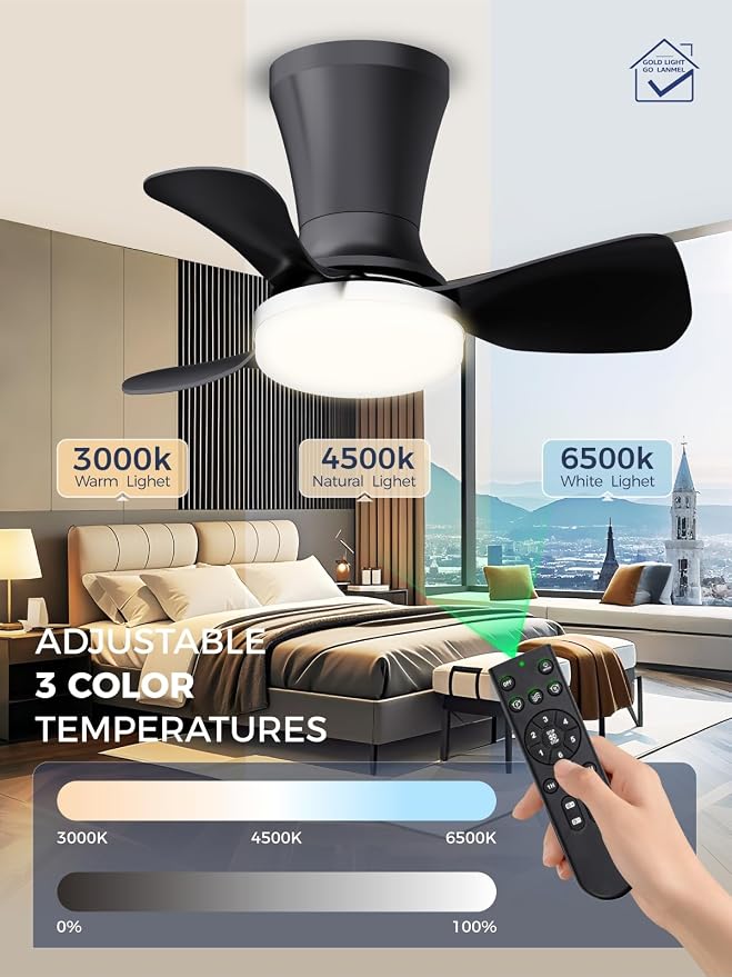 LANMEL Metal Ceiling Fan with Lights and Remote, 22 Inch, Silver & Black | Modern Low Profile Flush Mount, Reversible, 3CCT Dimmable, Quiet, LED, For Bedroom, Living Room, Indoor/Outdoor Patio Use