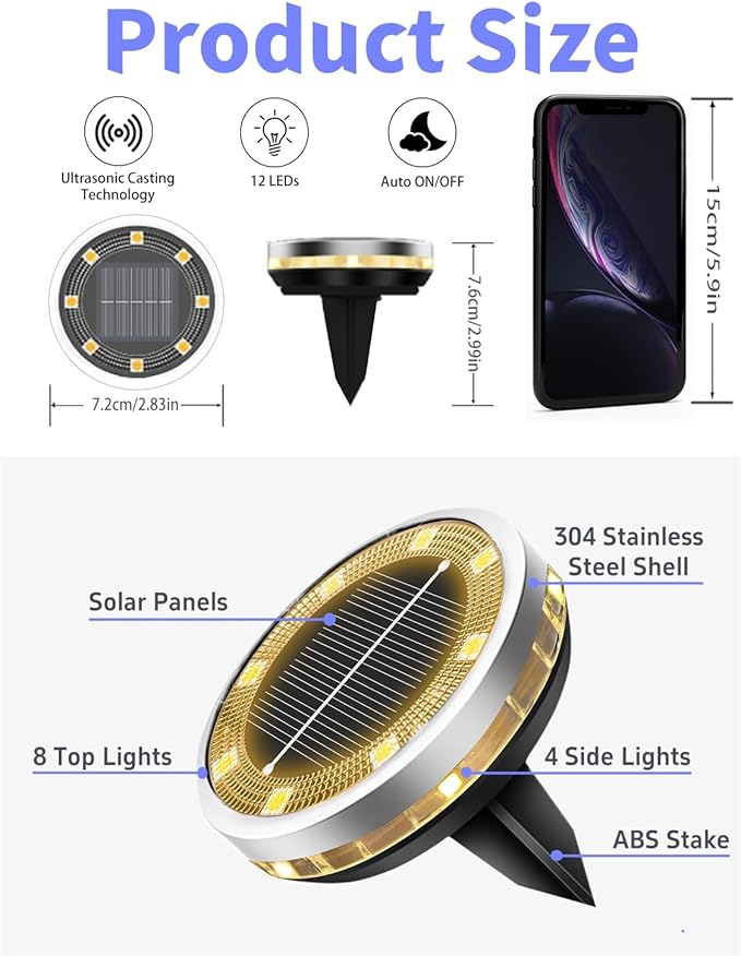 Solar Ground Lights Outdoor 18 Pack Waterproof, Upgraded Solar Garden Lights with 4 Side Light, Stainless Steel Solar Powered Disc Landscape Light for Walkway Lawn Yard Patio Deck-Warm White