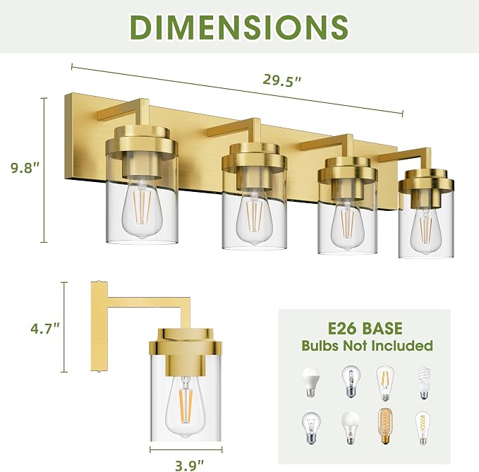 Bathroom Lighting Fixtures, 4-Light Bathroom Vanity Lights Over Mirror, Brass Vanity Light with Glass Shade, Modern Vanity Lighting Fixtures for Bedroom, Hallway