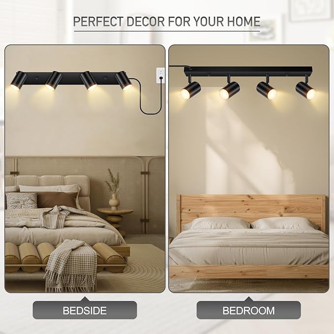 Plug in Track Lighting, LED Track Light Kit, Black 4-Light Track Lights for Kitchen, 15 FT Cord,23" Ceiling Spotlight, Rotatable Wall Mount Light Head for Bedroom Hallway Living Room