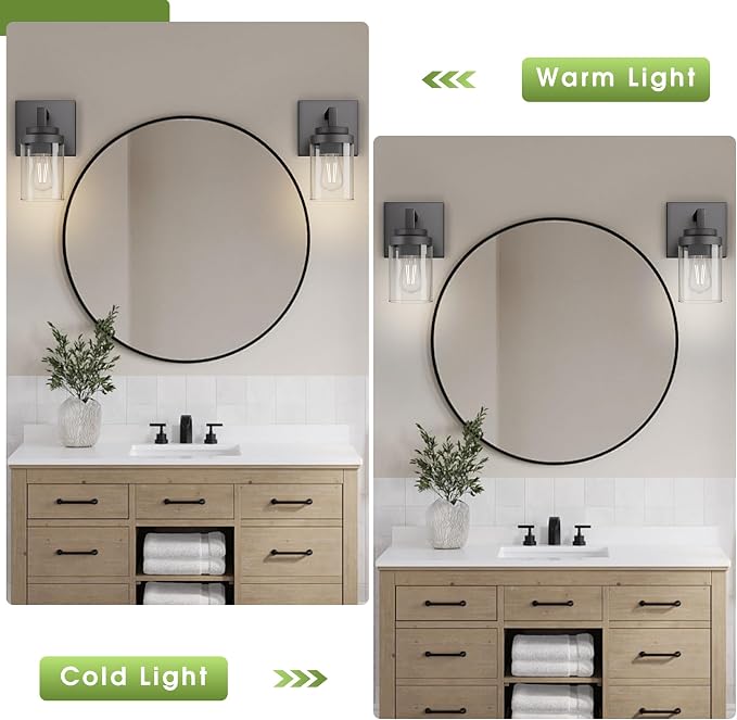 Matte Black Wall Lights, Set of 2 Wall Sconce with Clear Glass Shade, Farmhouse Sconce Lights, Wall Mount Lamp for Bedroom Mirror Living Room