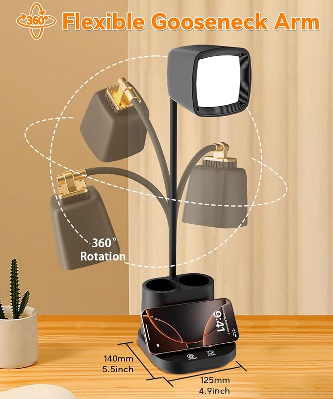 LED Desk Lamp with 2 USB Ports, Storage Box, Small Table Lamp for Home Office, Bedroom, College Dorm Room, Gooseneck Desk Light with Charger for Study, Reading, Craft, Work, Task, Dorm Room Essentials