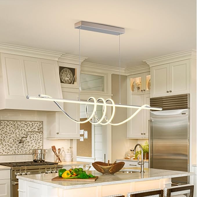Modern LED Pendent Lights Kitchen Island,3000k-6000K Adjustable Color Dining Room Light Fixture,Dimmable with Remote Control Aluminum for Kitchen, Living, Dining,Bedroom(57in Chrome Silver