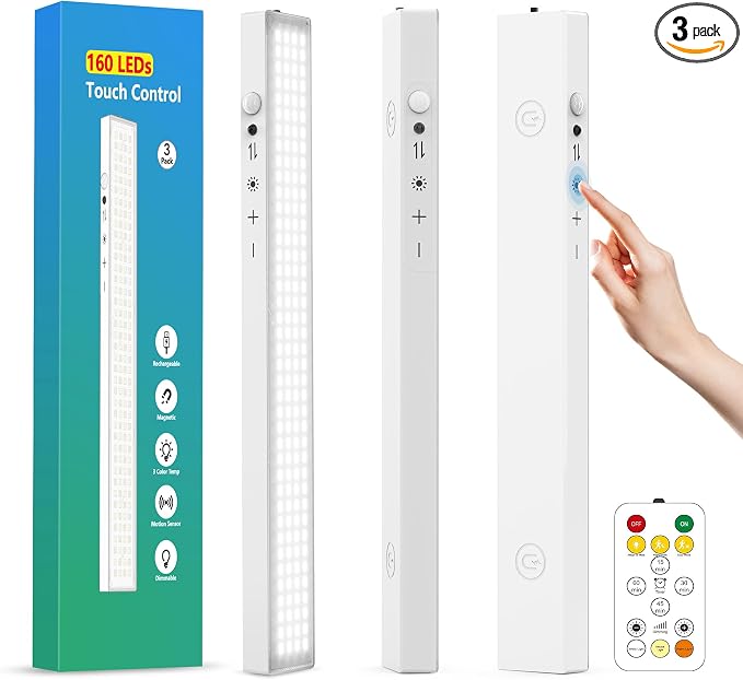 12" Under Cabinet Lights Wireless Rechargeable, Motion Sensor, 3Pack, White | Touch & Remote Control丨160 bright LEDs丨4000mAh Battery丨Dimmable 3 color temps丨Magnetic install for kitchen counter, closet