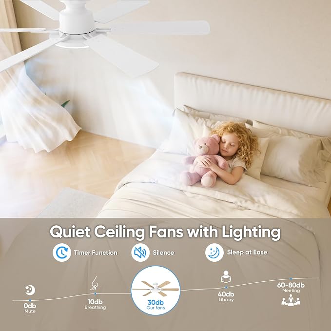52'' Flush Mount Ceiling Fans with Lights for Living Room, White | 6 Blades, 6 Speeds, MAX 5600 CFM, Remote&APP Control, 3CCT Dimmable LED, All Metal Body, Memory Function, Reversible DC Motor