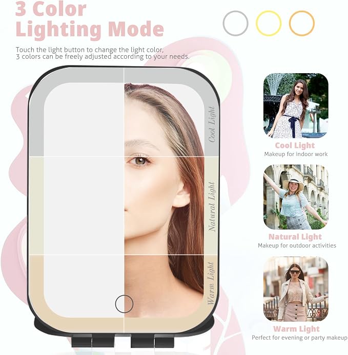 Travel Makeup Mirror, Portable Rechargeable Mirror with Lights | USB-Rechargeable, 3 Color LED Lighting, Adjustable Brightness, 7.9x5.4 inch, 1200mAh Battery, Gift for Women and Girls, Black